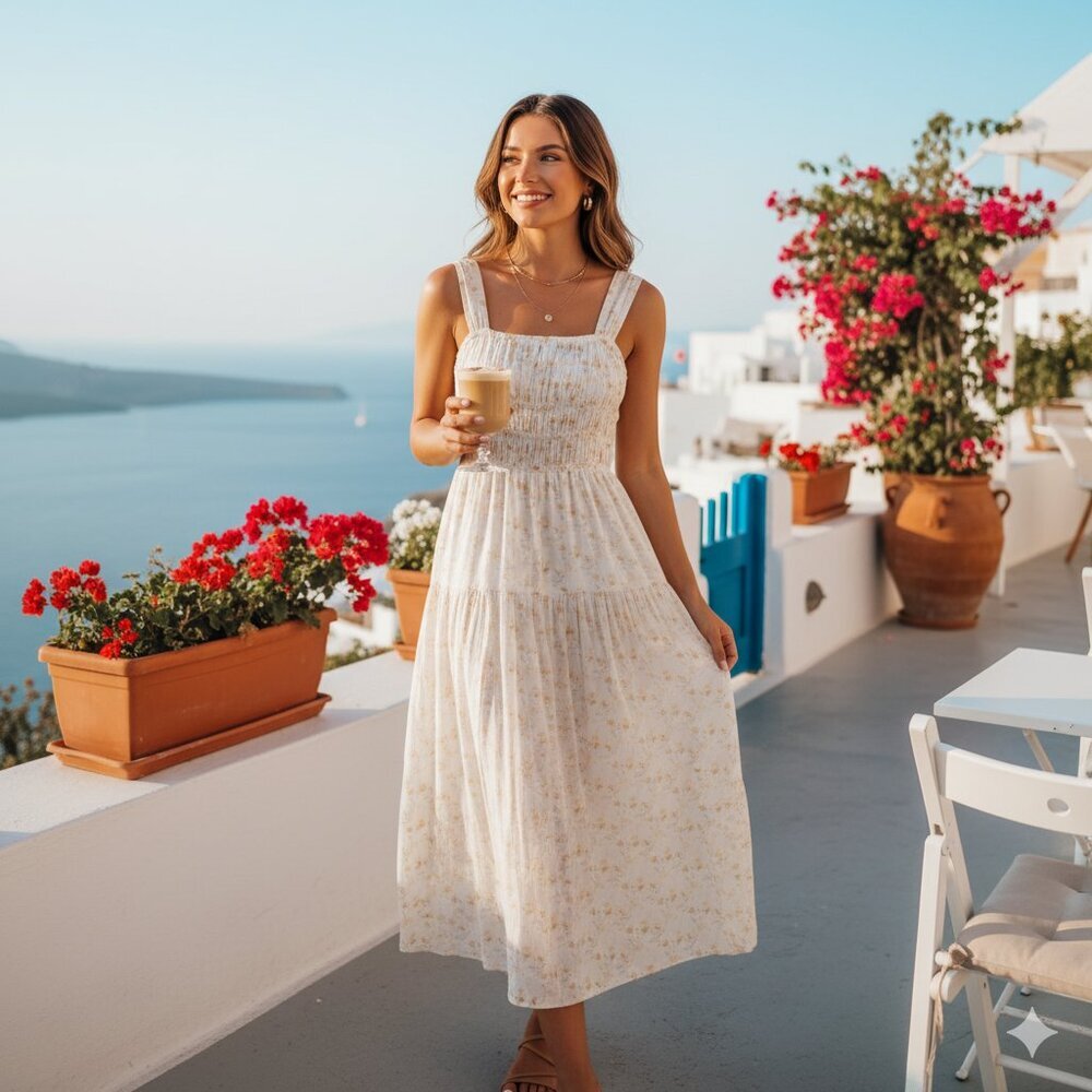 Greylin Cladelle Wide Strap Bodice Cinched Cottagecore Midi Dress Ivory Yellow
